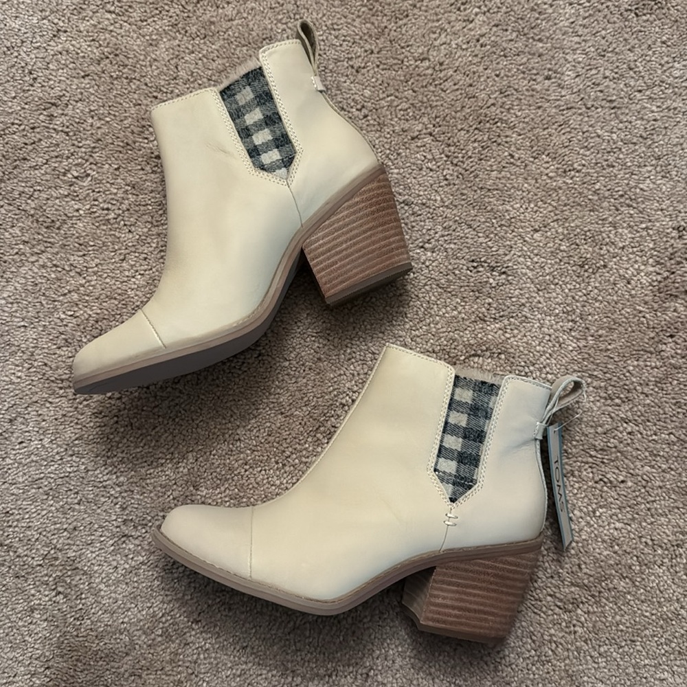 Toms Everly Sand Leather and Plaid Heeled Ankle Boot Women’s 6.5 NWT - Picture 3 of 12